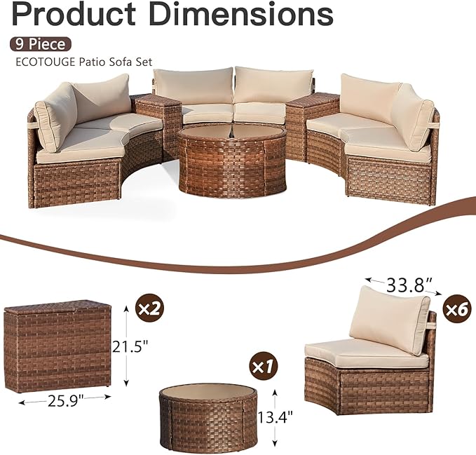 ECOTOUGE Large Half-Moon Outdoor Patio Furniture Set, 9 Piece Wicker Rattan Patio Sectional Furniture Sofa Set Conversation Set for Pool Backyard Balcony Garden(Beige/Brown)