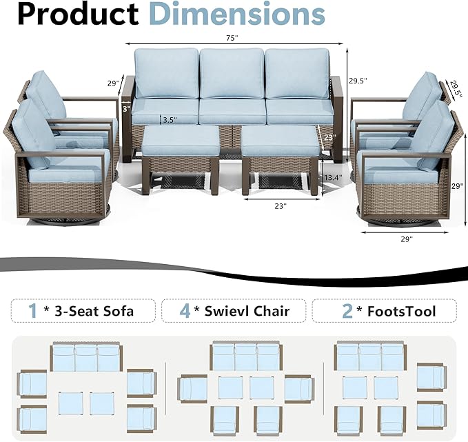 Outdoor Patio Furniture Set, 7 Piece Wicker Patio Conversation with Deep Seating, Thicken Cushions, Outdoor Swivel Rocker Patio Chairs, Metal Outdoor Furniture for Deck, Porch, Yard Use