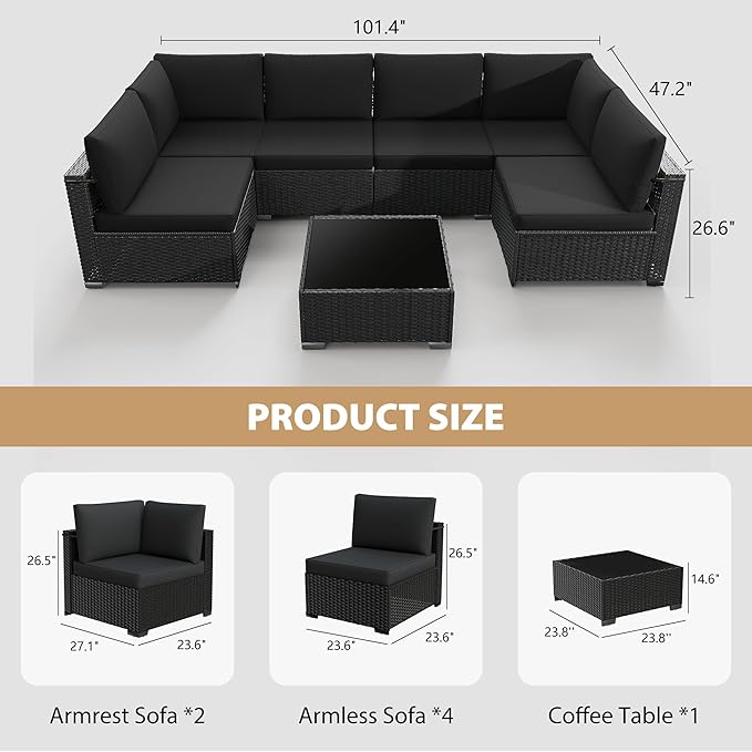 KIGOTY Patio Furniture Set with Fire Pit Table, 8 Pieces Outdoor Furniture Set with 43in Gas Fire Pit and Coffee Table, PE Rattan Patio Conversation Sofa Sets, Patio Sectional Sofa（Black/Black）