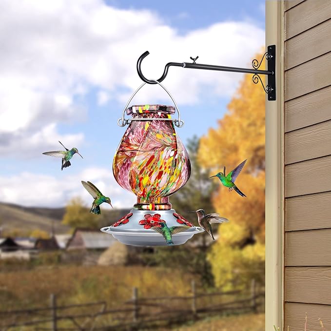 BOLITE Hummingbird Feeder, Hand Blown Glass Hummingbird Feeders for Outdoors Hanging with Ant Moat, 5 Bee-Proof Ports, Leak-Proof, 360° Perch, 22oz, Purple, Gifts for Women Men, Gifts for Mom Dad