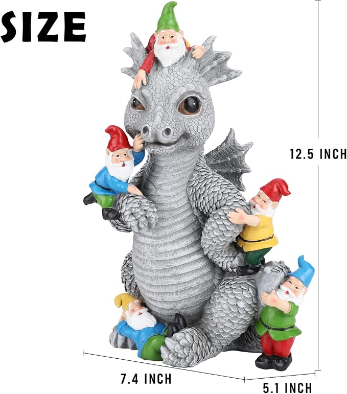 Dragon Garden Statue, Dinosaur Play with Gnomes Garden Statues, Garden Gift | 13'' Resin Porch Dinosaur Garden Dragon for Yard, Patio, Porch, Lawn, Outdoor Decor and Gifts for Mother Grandma or Father