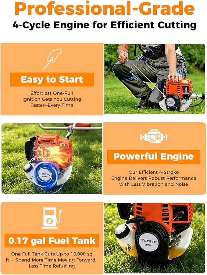 NEO-TEC 35cc 4-Cycle Gas String Trimmer 4-in-1 Heavy Duty Gas Weed Eater, 1.5HP Weed Wacker 9"Brush Cutter Powerful 16"Grass Trimmer with Shoulder Strap,Lightweight Stable Weed Trimmer for Tough Yards