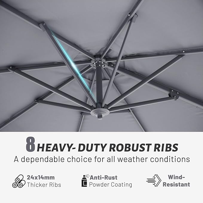 Domi 10FT Cantilever Patio Umbrella, Aluminum Windproof Outdoor Umbrella with 360°Rotation, Round Offset Sun Shade Umbrella for Outside Deck Backyard Garden Pool, Grey