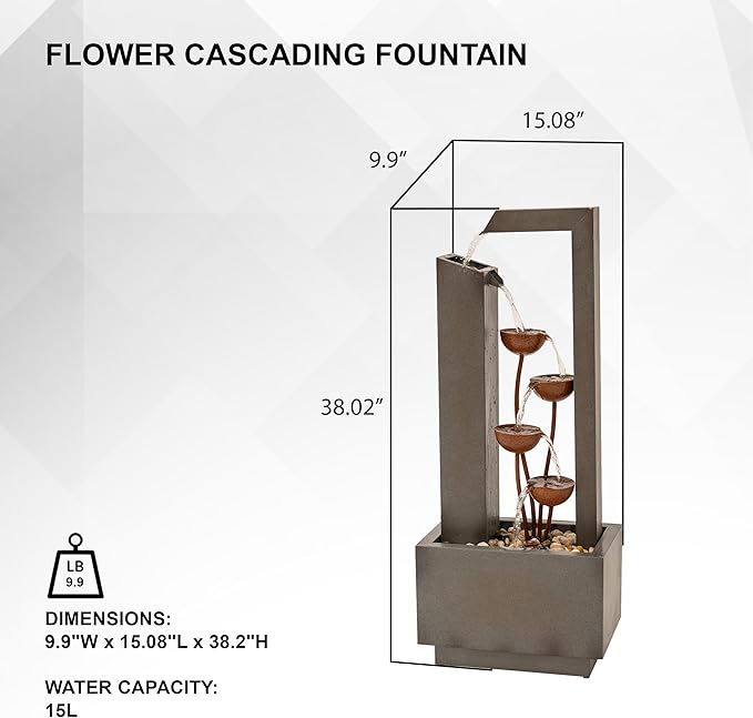 XBrand 38-Inch Freestanding Sculptural Metal Multi-Tier Flower Water Fountain, Gray and Bronze
