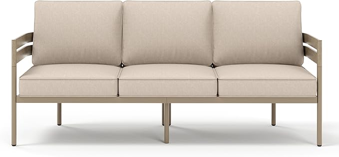 Metal Frame Outdoor Patio Sofa with Cushion, Wood-Like Patio Couch for Deck Balcony Front Porch