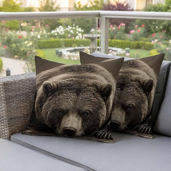 Waterproof Pillow Covers Set of 2,Rustic Brown Grizzly Bear Outdoor Pillow Protectors with Zipper Pillowcases for Patio Tent Garden Beach 20x20 Inches Abstract Forest Wildlife Animal