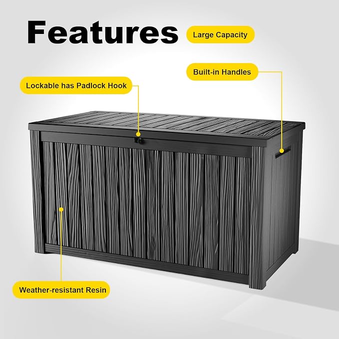 200 Gallon Deck Box Outdoor, Waterproof Outdoor Storage Boxes with Lids, Outside Resin Lockable Storage Box for Patio Cushions, Garden Tools(Black)
