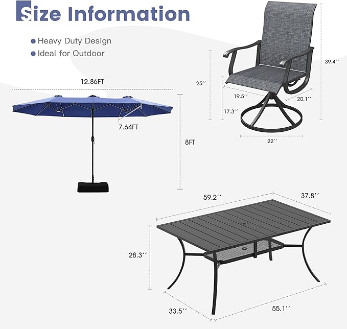 VICLLAX 8 Pieces Patio Dining Set with Patio Umbrella, 6 Patio Swivel Chairs and Metal Patio Table with 15ft Blue Outdoor Umbrella for Backyard, Dark Charcoal Chairs & Black Tabletop