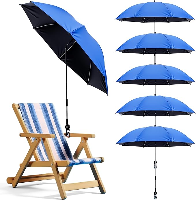 Sadnyy 6 Pcs Beach Chair Umbrella with Universal Clamp, 360 ° Adjustable Clip on Umbrellas 42" UPF 50+ Portable Sun Shade for Beach Chair Patio Camping Wheelchair Stroller Golf Cart