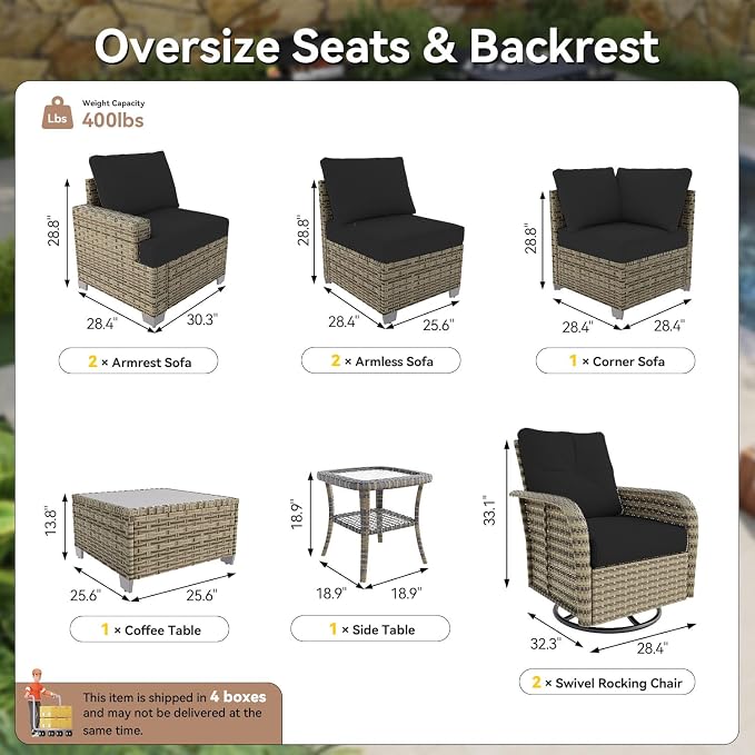 LET'S PATIO Luxury Patio Furniture Set，9 Piece Outdoor Furniture Sectional Set with Swivel Rocker Chairs of 2，All-Weather Patio Sectional Sofas with Thickened Cushions, Black
