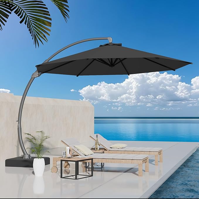 Kingdura 11ft Offset Cantilever Patio Umbrella with Base Included, Large Round Aluminum Outdoor Umbrella, 360° Rotation & Infinite Tilt, Heavy Duty Frame for Deck Pool Backyard, Grey