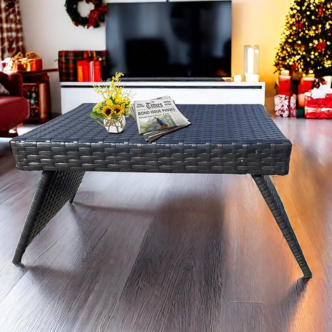 Outdoor PE Wicker Patio Coffee Table, Classic Hand-Woven Rattan Side Table Waterproof for Garden Porch Backyard, 23" D x 16" W x 16" H Mixed Brown