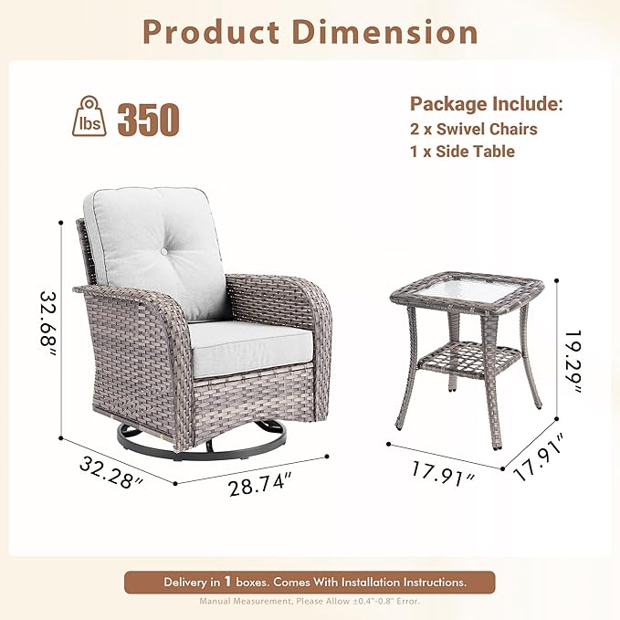 3 Pieces Patio Furniture Set, Outdoor Swivel Rocker Patio Chairs with Coffee Table, All Weather Thickened Cushion Patio Conversation Set for Porch Balcony Deck Poolside Garden Sunroom, Grey