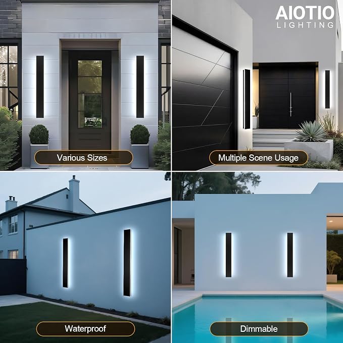 AioTio 23.6in 2pcs Modern Outdoor Wall Light, Upgraded 4.72in Wide Outdoor Wall Sconce, Dimmable Waterproof IP65 Long LED Black Garage Lights, Exterior Wall Lighting fixtures for House, Front Door