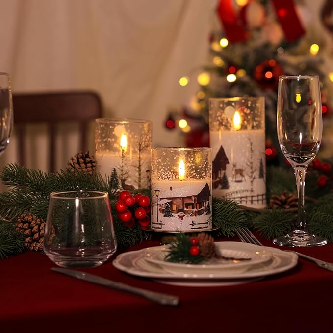 Christmas Flickering Flameless Candles with Remote, 3D Wick Battery Operated Candles, Real Wax in Glass LED Candles for Holiday Festival, Home, Gift
