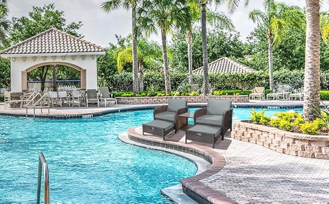 LEVELEVE Balcony Furniture 5 Piece Patio Conversation Set, PE Wicker Rattan Outdoor Lounge Chairs with Soft Cushions 2 Ottoman&Glass Table for Porch, Lawn-Brown Wicker