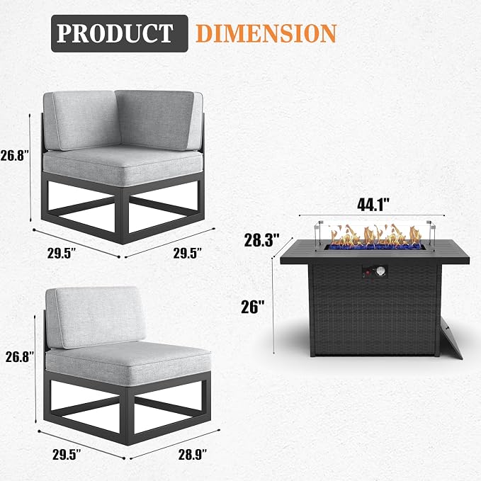 7 Pieces Aluminum Patio Furniture Set with Propane Gas 44" Fire Pit Table, Metal Outdoor Conversation Sofa Set with Seating Cushions