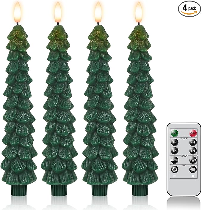 DRomance Christmas Tree Flameless Taper Candles Battery Operated with 10-Key Remote and Timer Real Wax LED Taper Candles 3D Wick Flickering Lifelike Leaves Dinner Xmas Holiday Decoration Set of 4