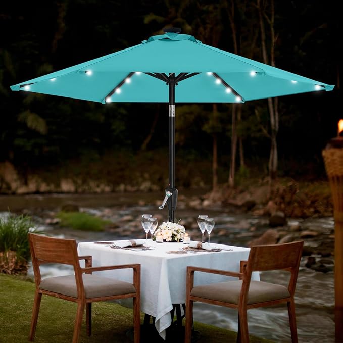 MASTERCANOPY 7.5FT 6Ribs Patio Umbrella with 32 Solar LED Lights, Outdoor Market Umbrella with Tilt & Crank, UV Protection & Fade Resistant Fabric, Easy Set-Up for Garden, Deck, Pool (Turquoise)