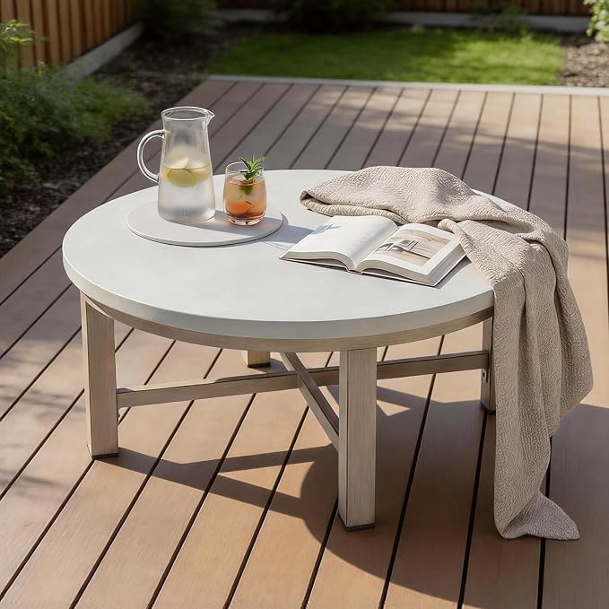 PEAK HOME FURNISHINGS Outdoor Coffee Table with Aluminum-Honeycomb Composite Concrete Table Top (Round)