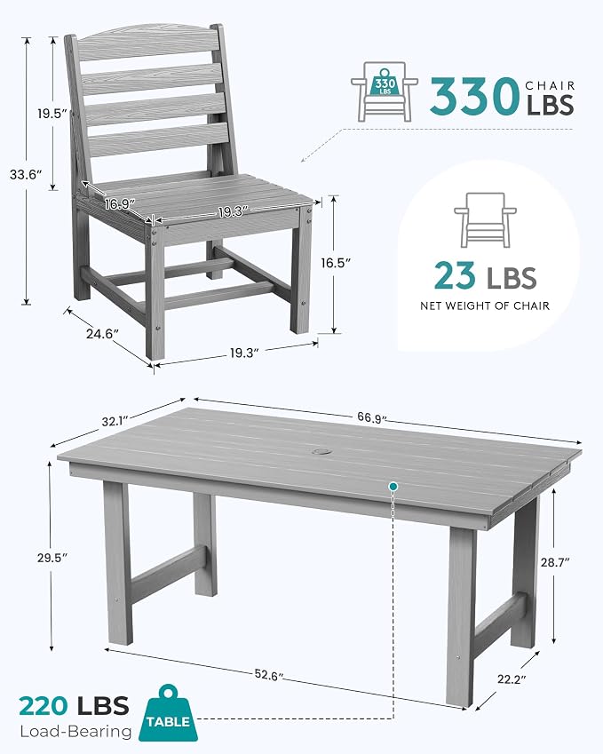 SERWALL All Weather Armless Outdoor Dining Chair Set of 2, Light Gray | Armless Dining Chairs built to last with 330 lb capacity. Compact 24.6"Dx19.3"Wx33.6"H. Weatherproof & easy to clean.