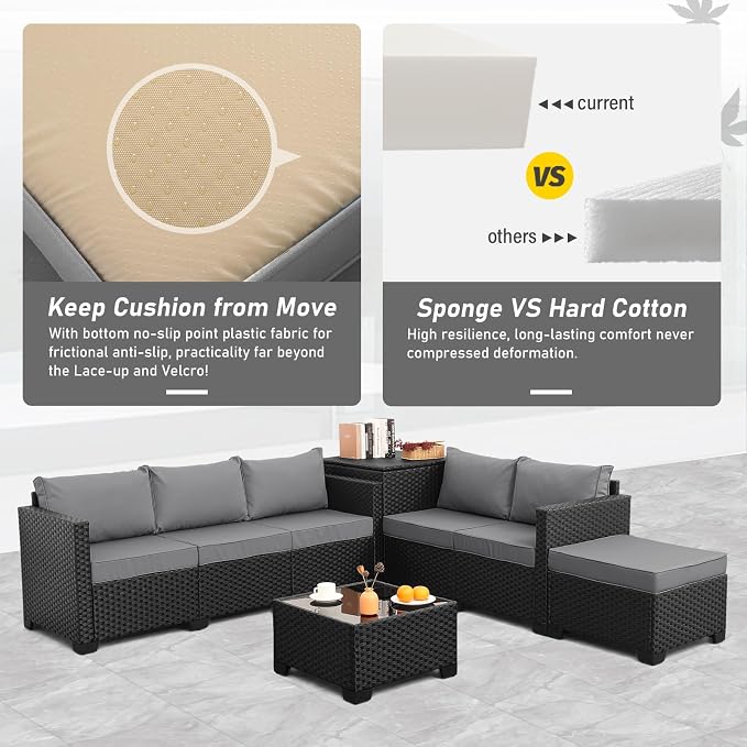 Valita Patio Furniture Set with Storage Box 5 Pieces Black Wicker Outdoor Couch Sectional with Glass Table and Non-Slip Cushions and Furniture Covers, Light Grey