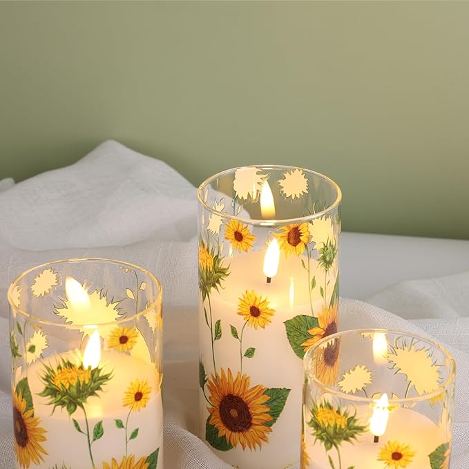 Eywamage Sunflower Glass Flameless Candles with Remote, Flickering Battery LED Pillar Candles Spring Home Table Decor Set of 3