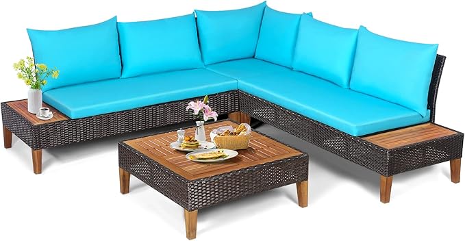 Tangkula 4 Pieces Acacia Wood Patio Conversation Set, Patiojoy Outdoor PE Rattan Sectional Sofa Set with Coffee Table, Corner Sofa & 2 Loveseats, for Backyard Garden Poolside