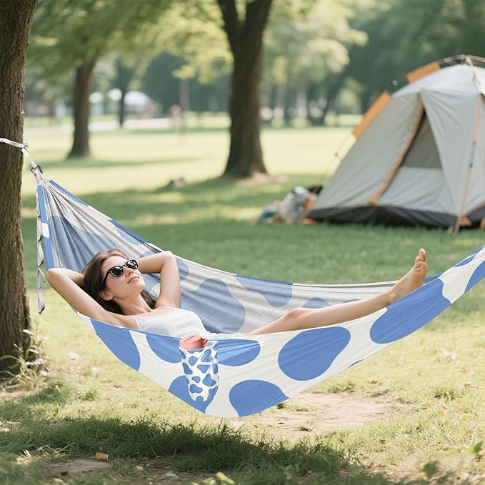 Cow Print Blue 330lb Capacity Camping Hammock with Tree Straps Cloth Hammock for Outside Beach Patio Garden Base para hamaca