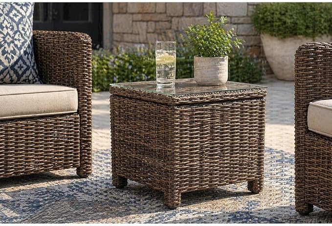 Bradenton Weathered Brown Wicker Rectangular Side Table, Durable Plastic Rattan, Weather-Resistant Material, Patio, Garden, Outdoor Living