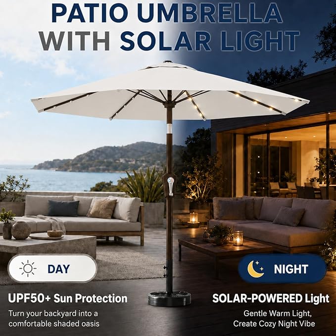 11FT Solar Patio Umbrella with Lights, Outdoor Table Market Umbrella with 32 LED Lights, 8 Sturdy Ribs, Smooth Crank Lift for Pool, Deck and Garden, UV-Resistant