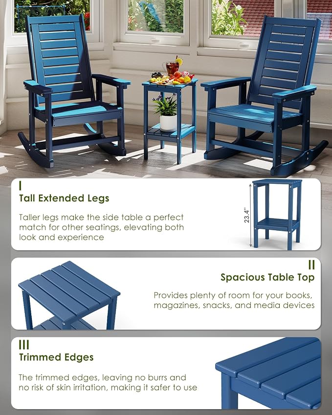 GREENVINES Tall-Outdoor-Side-Table Set of 2 | 23.5" | HDPE Plastic | Patio Adirondack End Tables | All Weather | 2-Tier | Blue | for Porch Garden Indoor & Rocking Chairs