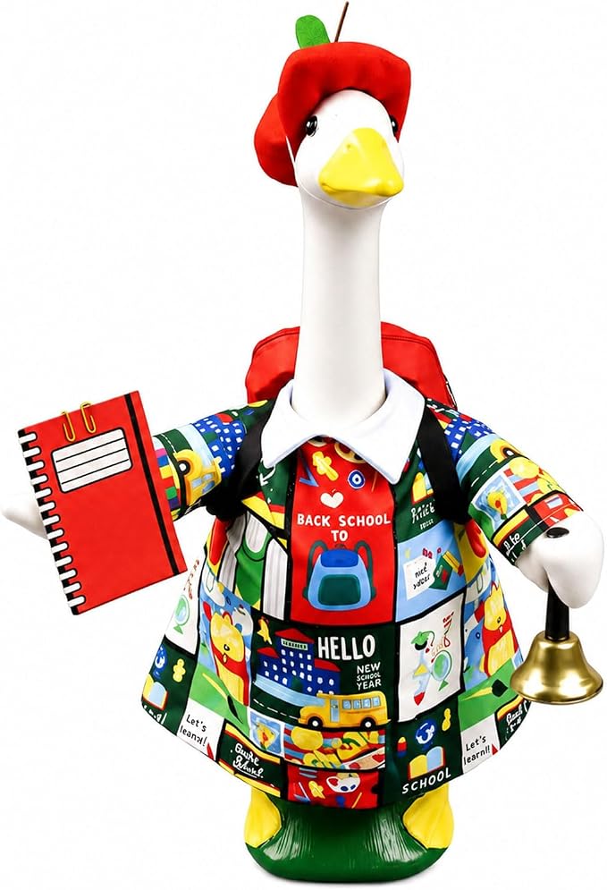 Back to School Porch Goose Outfit,23”Goose Costume Clothes with Apple Hat Schoolbag for School Classroom Home Garden Yard Pathway Patio Decor