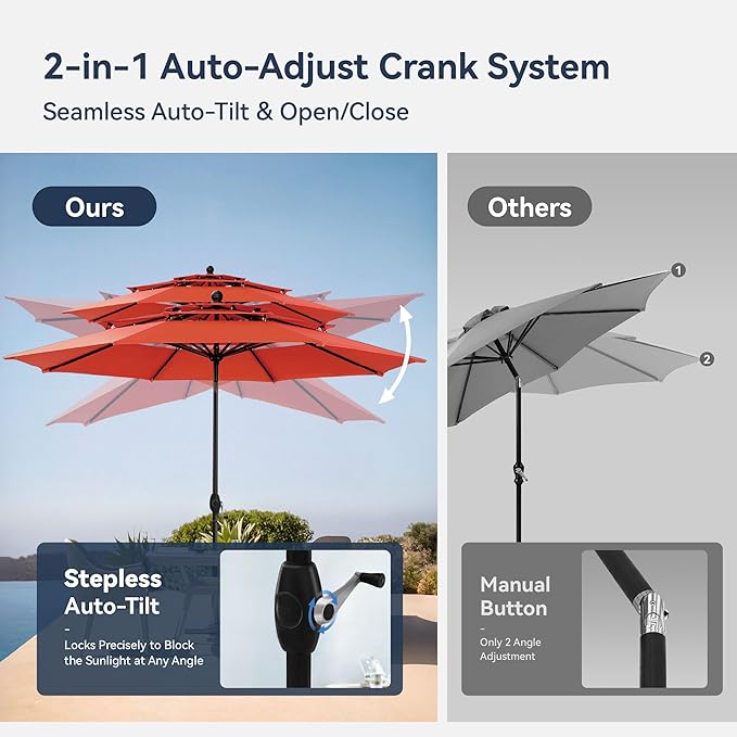 PHI VILLA 10ft Patio Umbrella Outdoor 3 Tier Vented Market Table Umbrella with 1.5" Umbrella Pole and 8 Sturdy Ribs, (Orange Red)（No Base）