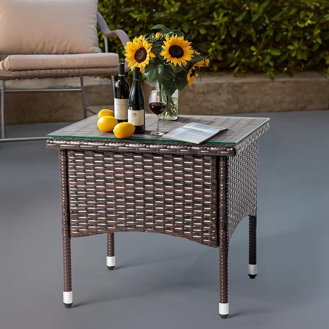 Outvita 20" Patio Coffee Table, Glass Tabletop Square Side Table, Waterproof & Rustproof, Adjustable Feet, Elegant Brown Outdoor Table for Garden Porch Yard