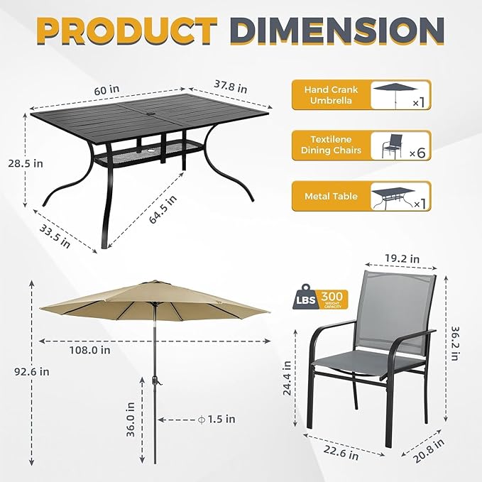 7-Piece Patio Dining Set with Umbrella,6 Person Outdoor Table and Chairs Set, 6 Metal Dining Chairs and Rectangular Outdoor Table with 1.57" Umbrella Hole,Grey