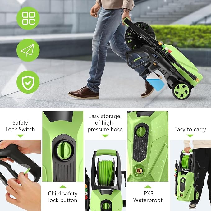Pressure Washer 5000 PSI,2.8 GPM Power Washer with Foam Cannon,Portable Cleaner with 33ft Hose Reel,4 Nozzle Tips,and Soap Bottle for Cars/Home/Driveways/Patios/Decks/Fences,Green