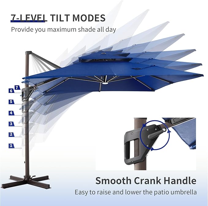 JZAC & QZYD 10X13 FT Outdoor Cantilever Patio Umbrella with LED Lights, Large Heavy Duty 2-Tier Aluminum Offset Umbrellas with 360-Degree Rotation for Pool Deck, Navy