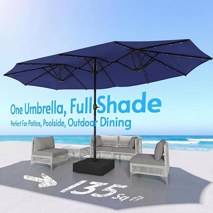 15ft Double-Sided Patio Umbrella with Solar Lights and Base Included, Large Patio Umbrella with 48 LED Dual-Color Lights, 135 Sq Ft Shade Area Patio Table Umbrella for Pool, Outddor, Deck (Navy Blue)