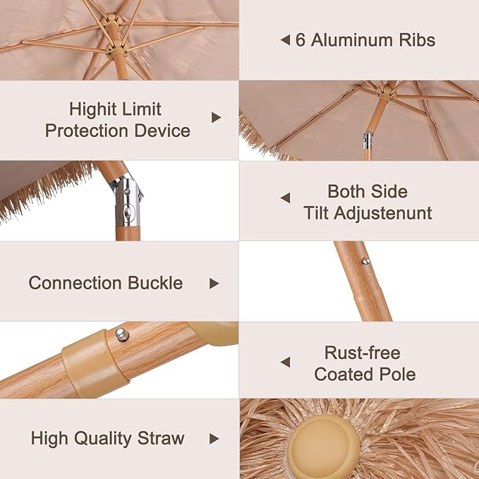 GDY 7.5ft Tiki Patio Umbrella Outdoor Table Umbrella(Optional with Light or Base), Market Umbrella,with Crank for Patio, Garden, Lawn, Deck, Backyard & Pool