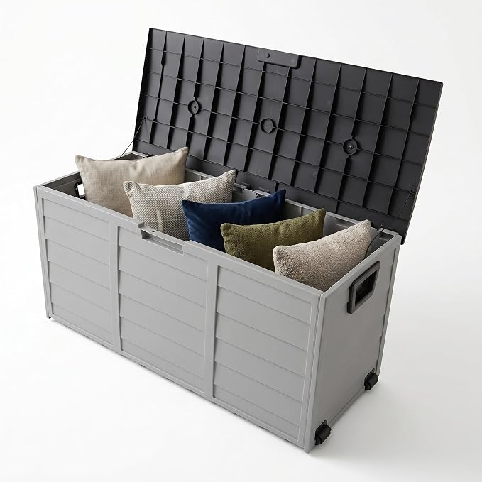 75 Gallon Black & Grey Outdoor Storage Deck Box, 260L Waterproof UV Resistant Plastic Patio Storage Bin with Wheels & Lockable Lid, Weatherproof Container for Cushions Tools Toys