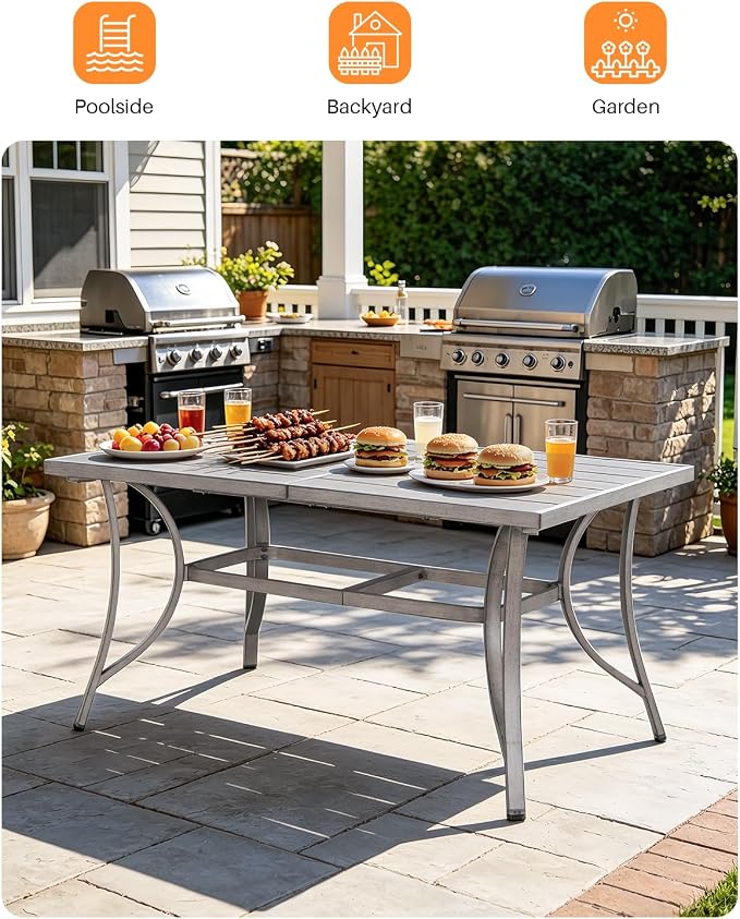 Aluminum Patio Dining Table for 6, Never Rusts Outdoor Rectangle Dining Table with Umbrella Hole, Rustproof 6 Person Outdoor Dining Tables for Backyard, Deck, Garden, Poolside, Porch