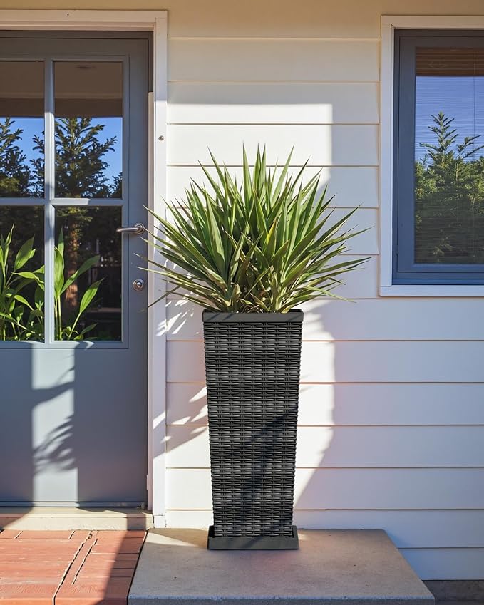 Greesum 30 Inch Tall Plastic Planters with Detachable Inner Pot & Drainage Holes (Set of 2), Extra Large Outdoor Flower Pots for Large Plants, Trees, Patio, and Garden, Black