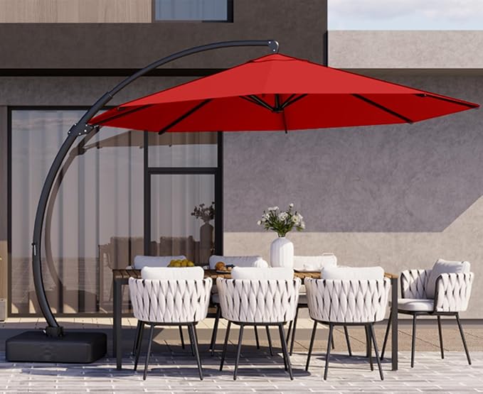 Kingdura 12ft Offset Cantilever Patio Umbrella with Base Included, Large Round Aluminum Outdoor Umbrella, 360° Rotation & Infinite Tilt, Heavy Duty Frame for Deck Pool Backyard, Red