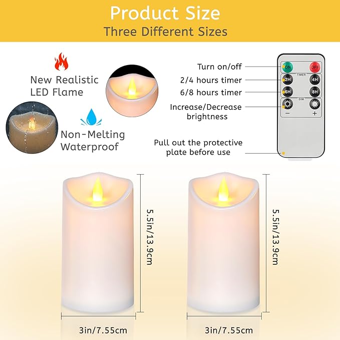 Artmarry Flameless Candles 3" D x 6" H Outdoor Indoor Pillars Battery Operated Flickering Candles Include 8-Key Remote Timer 400+ Hours by 2 AA Batteries (White Candle - Warm Light,2 Pack)