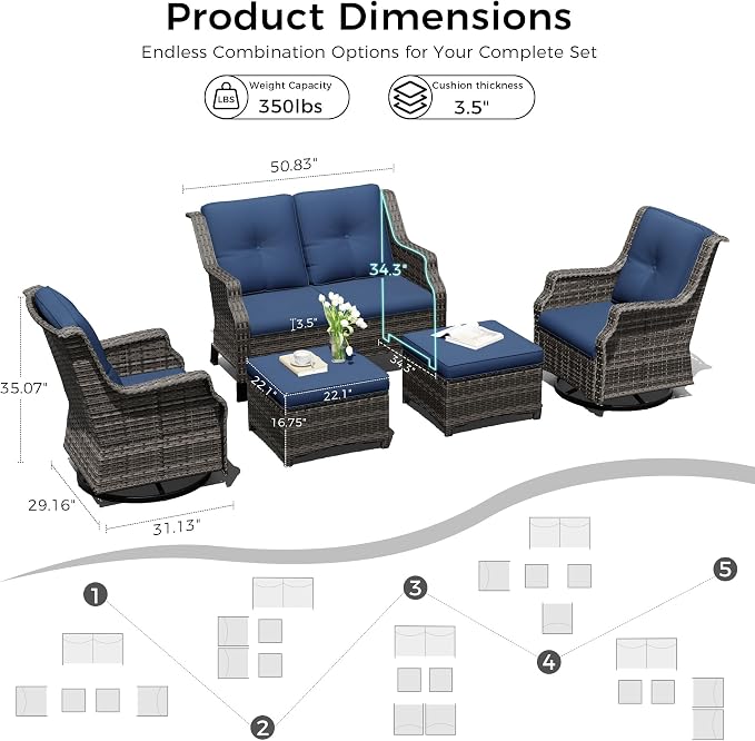 Outdoor Patio Furniture Set, 5 Piece Wicker Patio Furniture with Thick Cushions, Curved Armrest, Deep Seating, Outdoor Swivel Rocker Chairs for Porch, Deck, Balcony