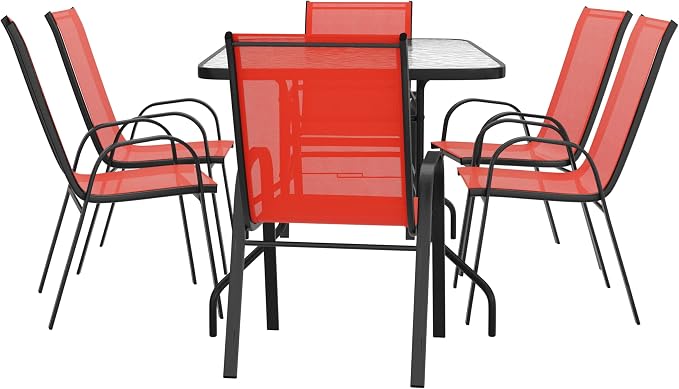 EMMA + OLIVER Seven Piece Indoor/Outdoor Dining Set - Metal Table with Tempered Glass Top - Six Red Flex Comfort Chairs- Umbrella Hole - All Weather