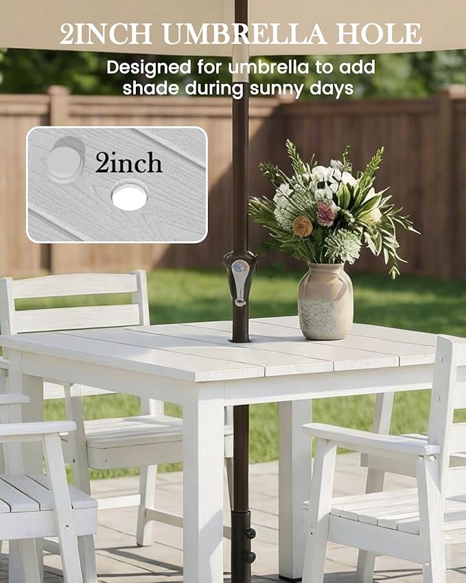 LOUNZY 5-Piece HDPE Patio Dining Set - Outdoor Square Table with 2" Hole Cut-Out & 4 Chairs,White