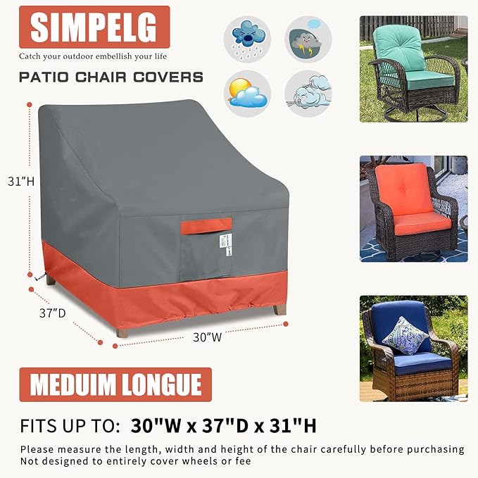 Outdoor Chair Covers Waterproof 600D Heavy Duty - All Weather Patio Furniture Covers for Lounge Chairs, Sofa, Cushions with Adjustable Straps & Windproof Design (2 Pack Red/Grey,Medium）