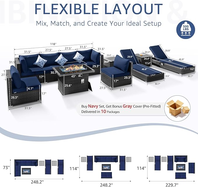 NICESOUL 11 Piece Patio Furniture Set with Fireplace Gas/Propane, 29.3'' High Back Comfortable Rattan Sofa Set w/Chaise Lounge, XL Large Wide Deep Outdoor Sectionals, 2 Color Cushion Navy Blue&Grey